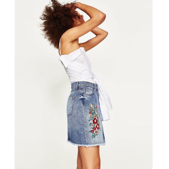 Zara Basic Z1975 Denim Bejeweled Asymmetrical Embroidered Boho Skirt. - Picture 5 of 14